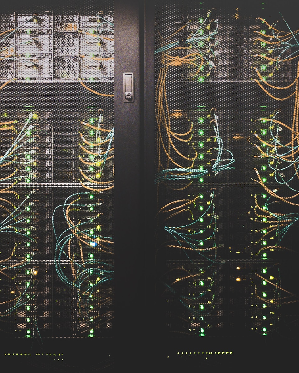 Server rack with cables and lights